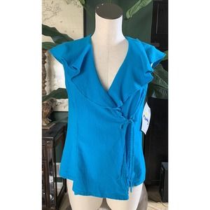 dunes relaxed fashion woman’s XS turquoise ruffled cotton gauze wrap top R